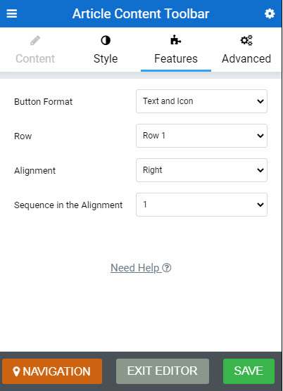 Article Content Toolbar - Features Tab