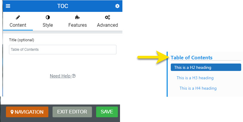 TOC Setting - Content Tab