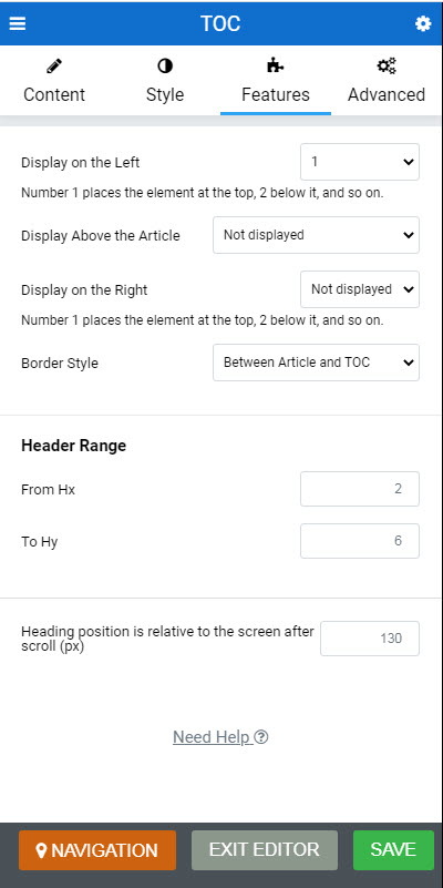 TOC Setting - Features Tab