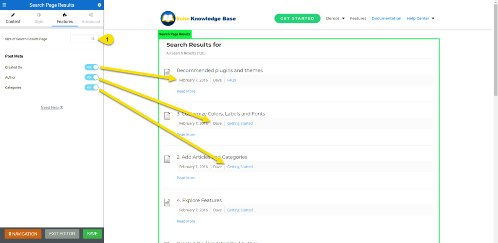 Search Results - Front End Editor - Features Tab