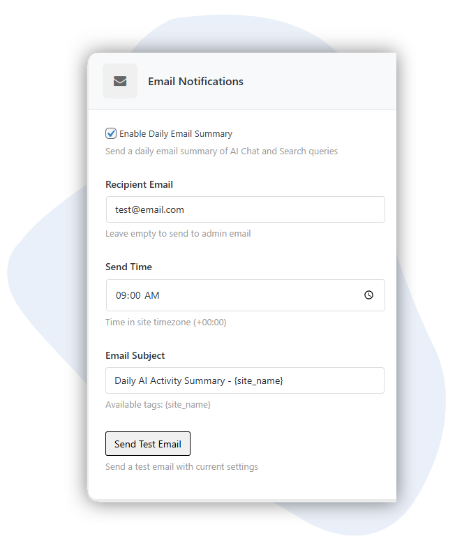 Email Notifications settings screen showing daily email summary, recipient email, send time, and test email options