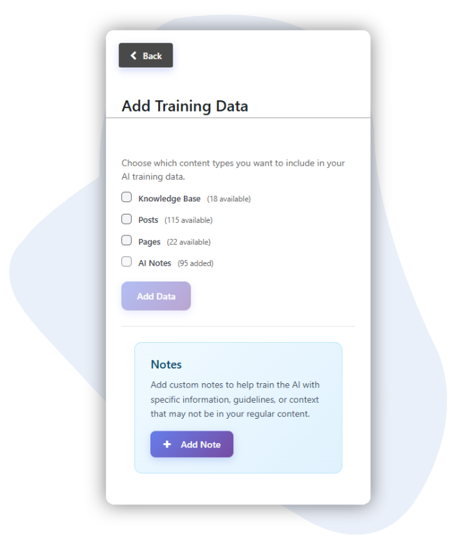 Add Training Data screen showing options to include Knowledge Base, Posts, Pages, and AI Notes in AI training data